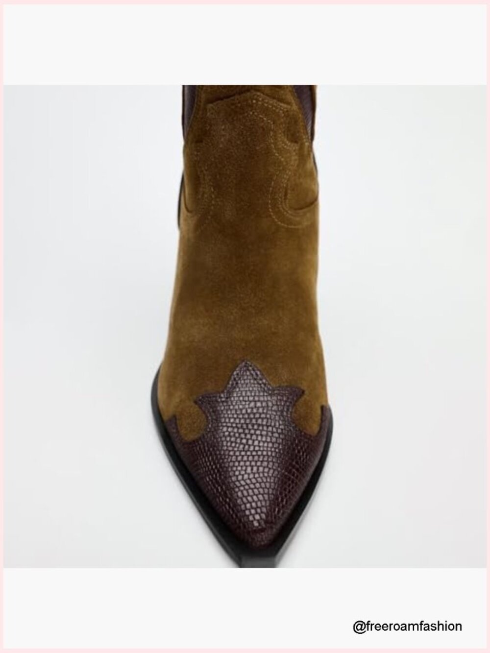 Brown Suede Cowboy Boots Embroidered Pointed Toe Chunky Heel Pull On - Picture 5 of 6